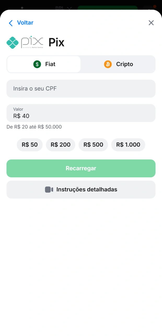 Na etapa seguinte, decida o montante da recarga e introduza o montante necessário no campo.