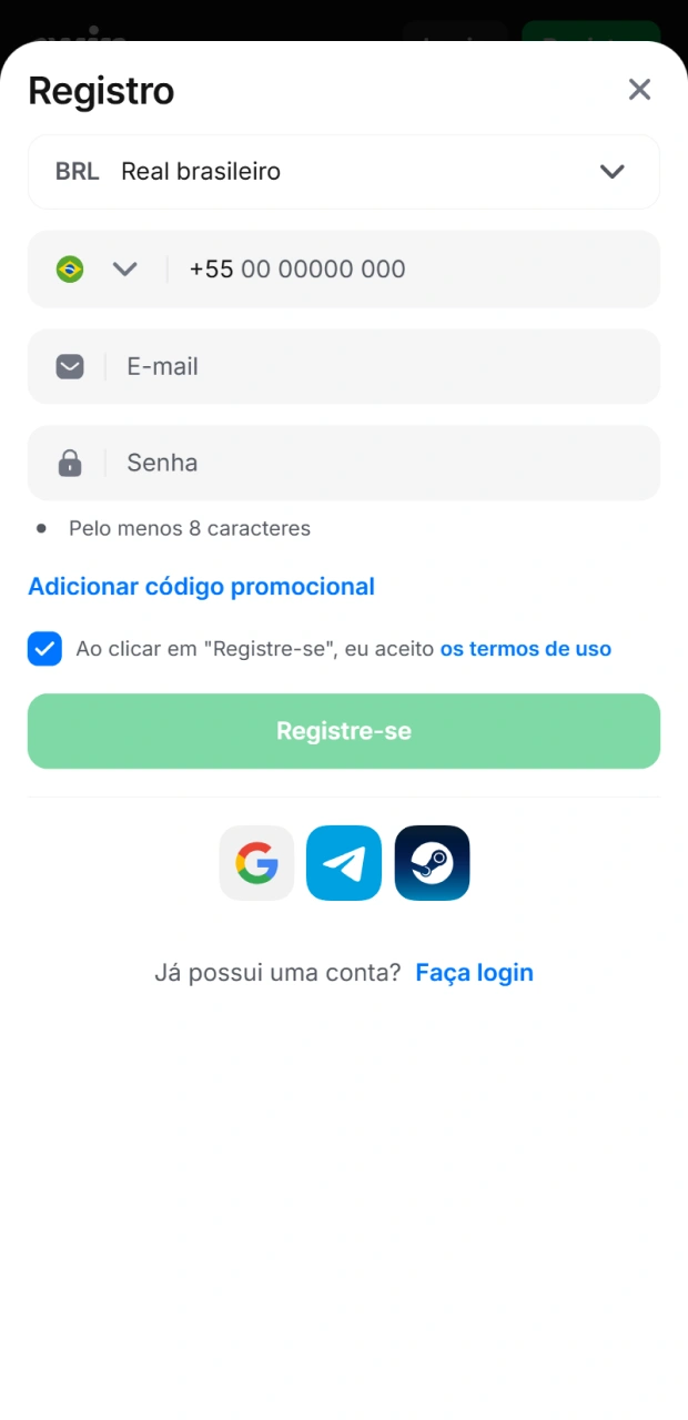 Para começar a jogar no Aviator do 1Win, tem de se registar, introduzir o seu e-mail e número de telefone.