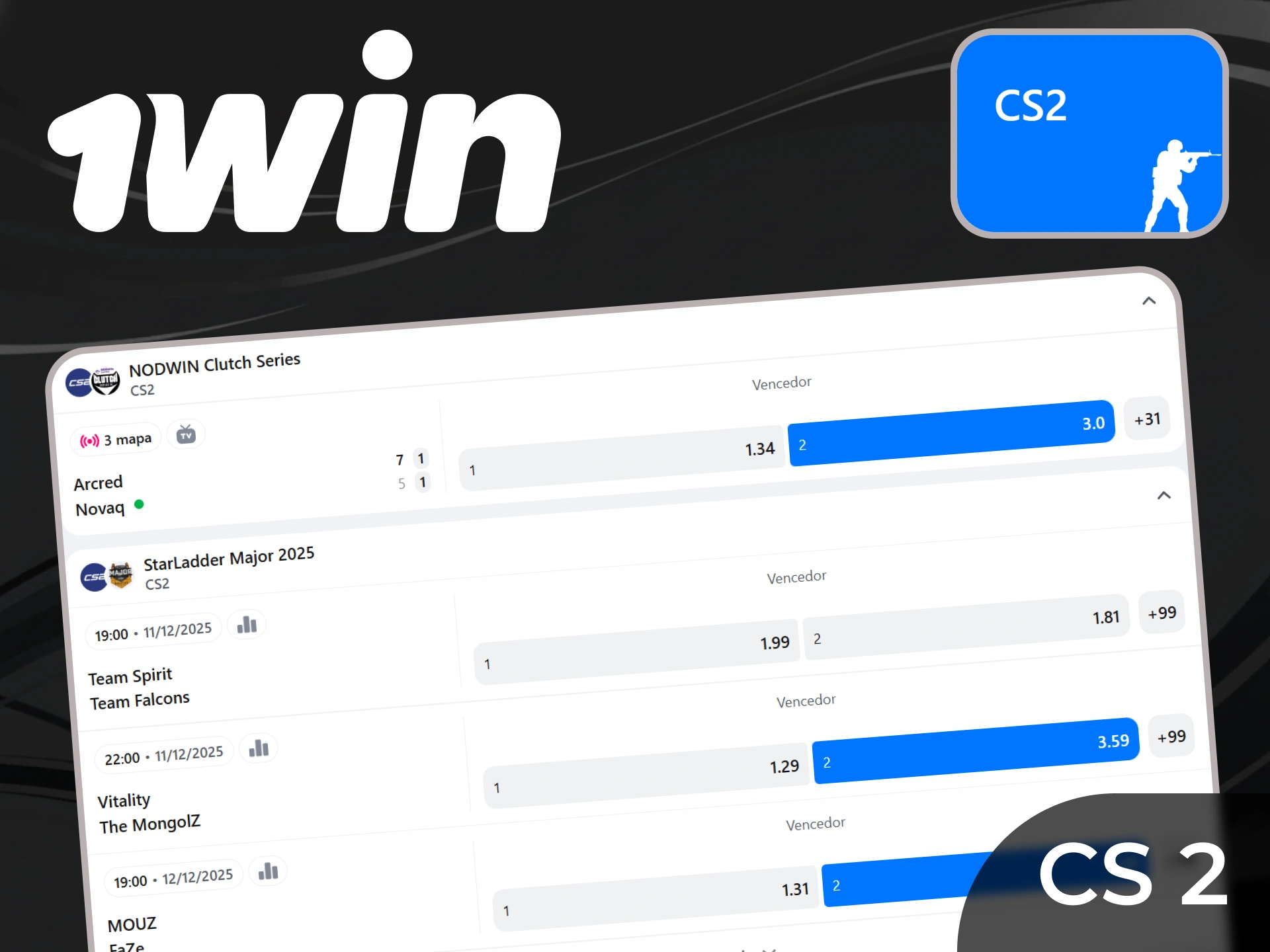 Escolha um jogo CS 2 e faça sua aposta no aplicativo 1win.
