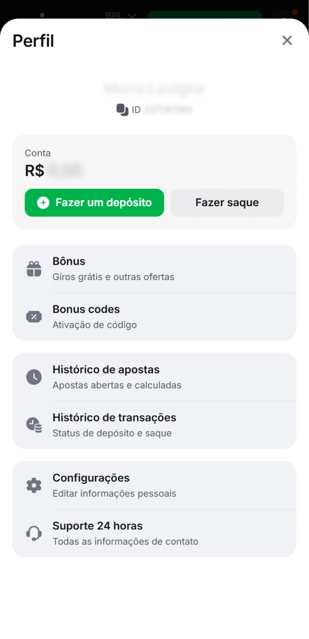 Acesse o perfil no aplicativo 1win para abrir a seção de caixa e selecione a opção de saque.